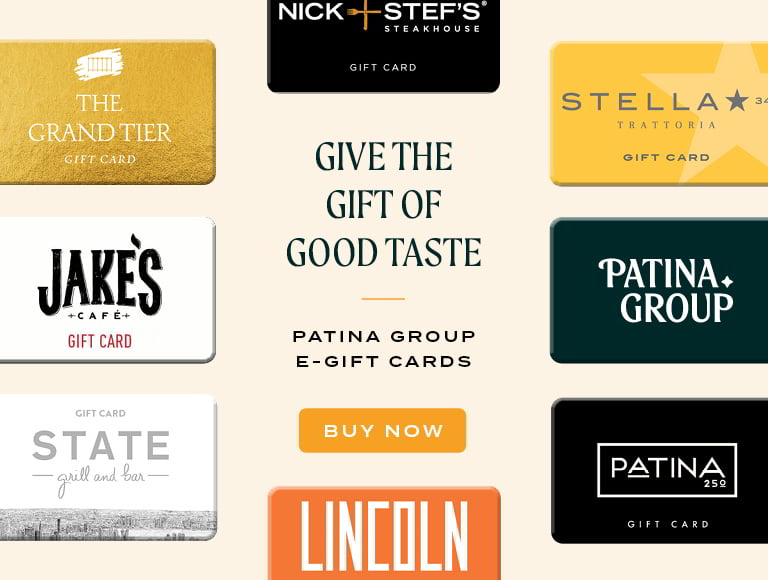 Patina Group e-gift cards promotion with a ‘Buy Now’ call to action.
